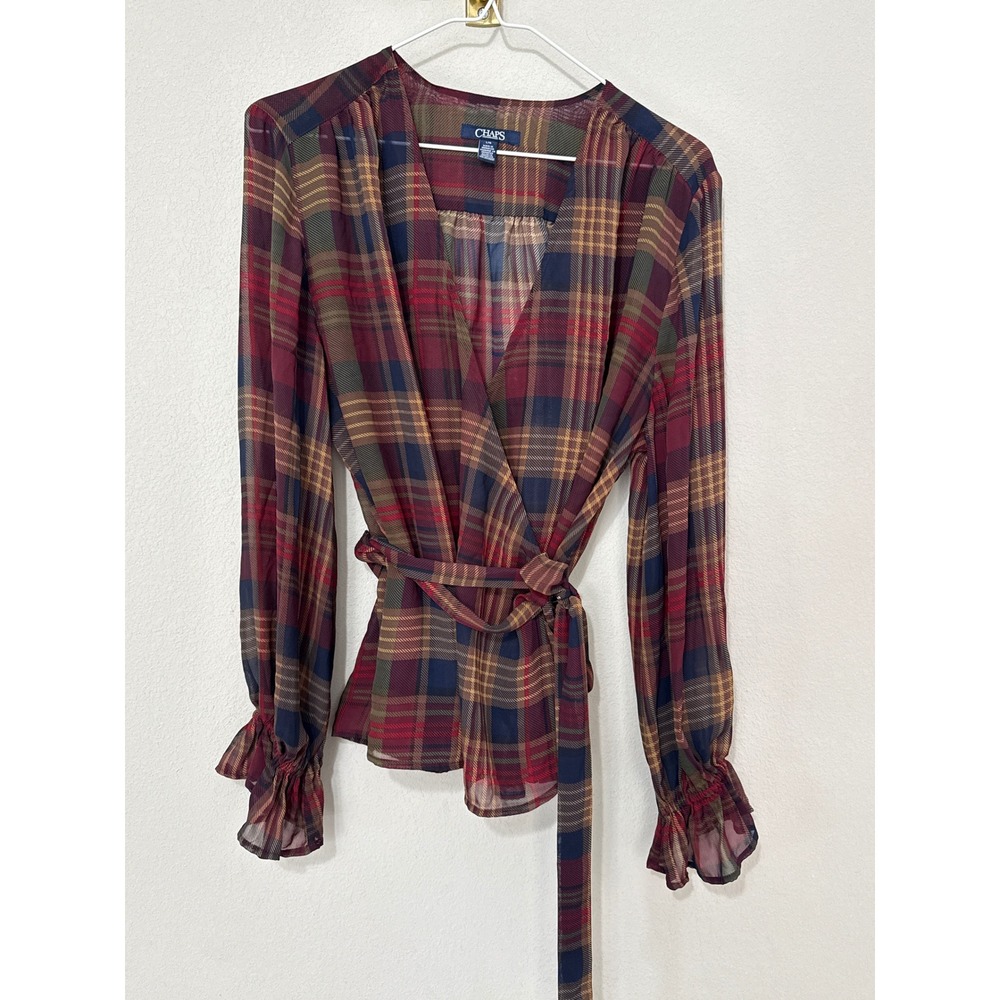 Chaps Wrap Top Women Large Burgundy Plaid Sheer Long Sleeve Ruffle Cuff Chiffon